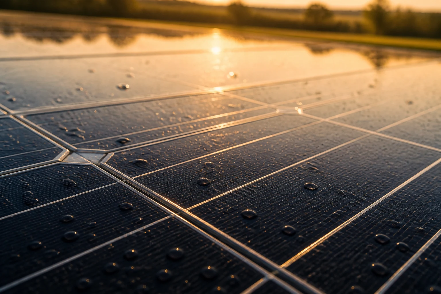 Détail de cellules photovoltaïques sous la lumière du matin