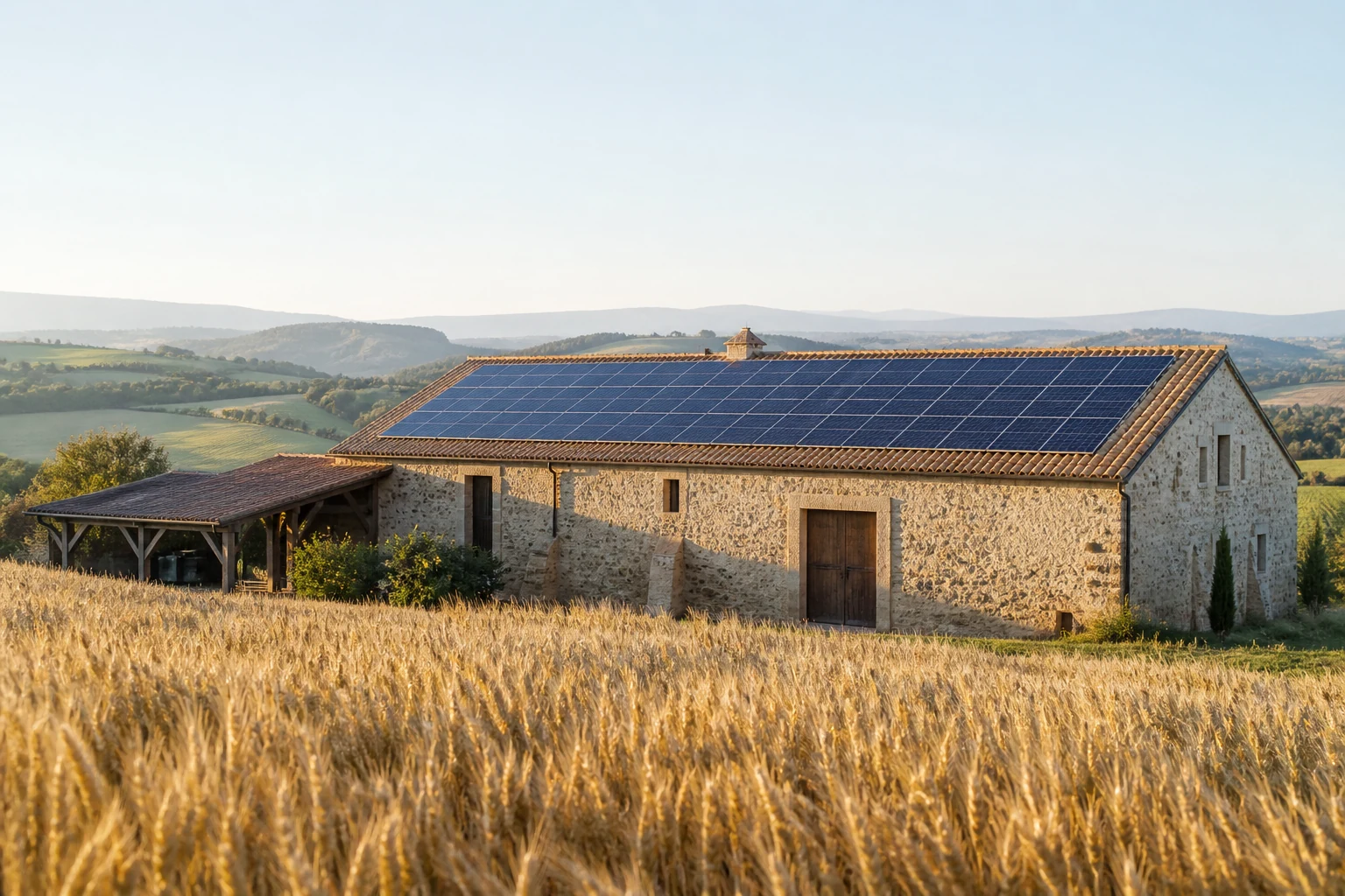Panneaux solaires sur une grange agricole gersoise